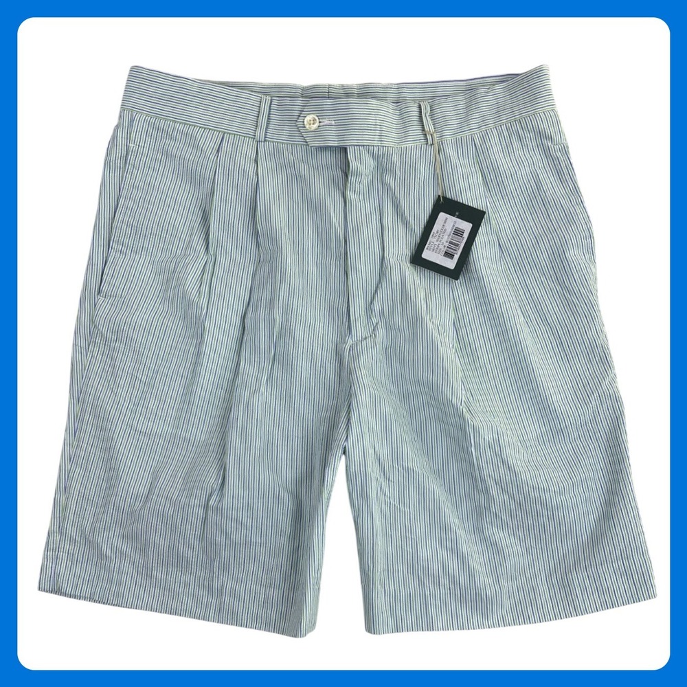 Fairway & Greene Seersucker Golf Shorts Men 35 Blue Green Cotton Striped Pleated